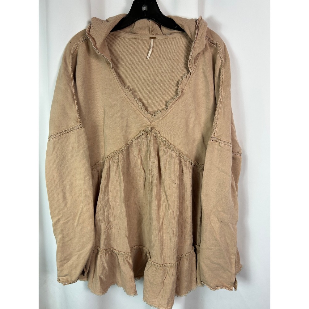 Free People Tan Cotton Babydoll Hooded V-neck Top Crochet Raw Edge Boho XL